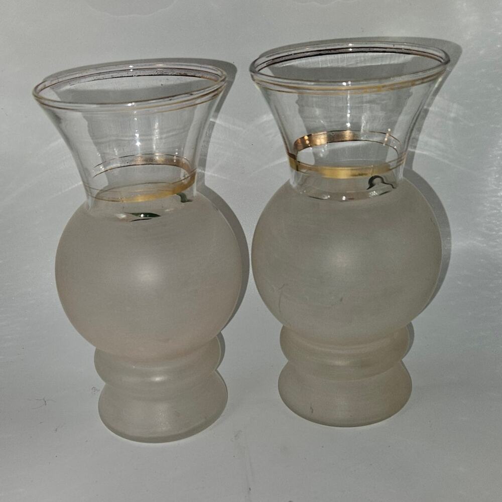 Vintage Frosted Glass Floral Bud Vases Gold Trim – Pair 6" Tall - Picture 3 of 8
